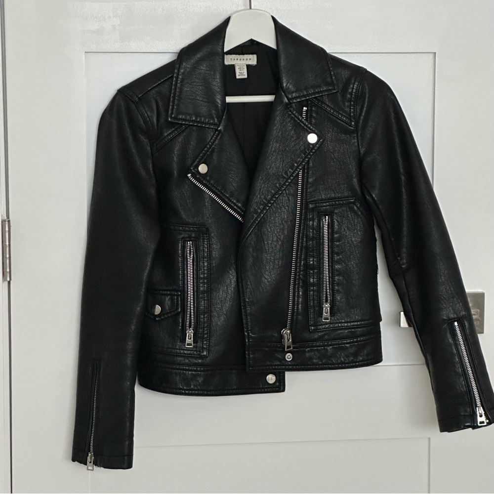 Topshop Black Leather Jacket petite size US 0 UK 4
